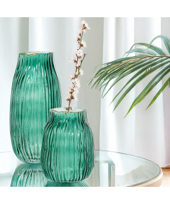 Jarrón Cristal Verde Filo Dorado