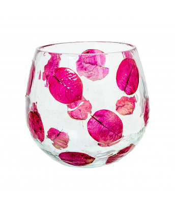 Vaso Portavelas Cristal Hojas Rosa