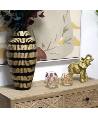 Vaso Portavelas Cristal Hojas Rosa