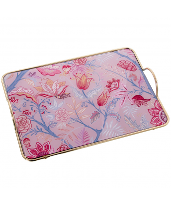 Bandeja Metal/Cristal Rosa Flores