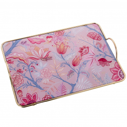 Bandeja Metal/Cristal Rosa Flores