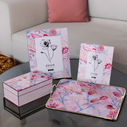 Bandeja Metal/Cristal Rosa Flores