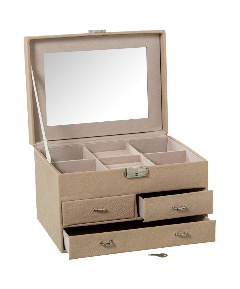 Joyero Polipiel C/cajones Y Espejo Beige C/cierre 25x19x16cm