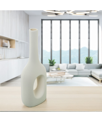 Jarron Ceramica Agujero 33cm Crema Rugosa 12x9x33cm