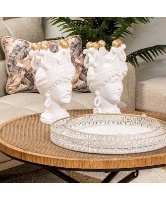 Jarrón Busto Cerámica Mujer C/corona Blanco Bolas Doradas 19x17x34cm