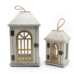 Set 2 Faroles Madera Blanca 20x16x36+14x10x23cm