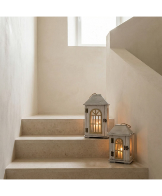 Set 2 Faroles Madera Blanca 20x16x36+14x10x23cm