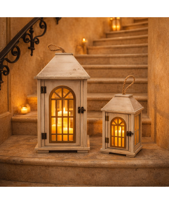 Set 2 Faroles Madera Blanca 20x16x36+14x10x23cm