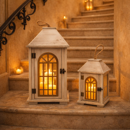 Set 2 Faroles Madera Blanca 20x16x36+14x10x23cm