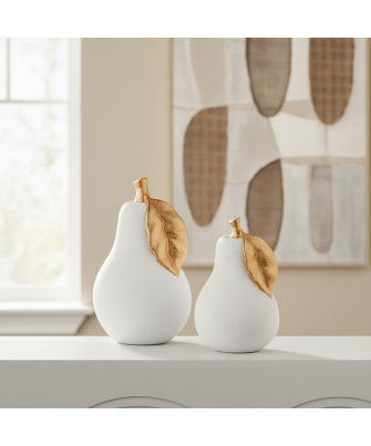 Figura Pera Cerámica 30cm Blanco Arena/oro Ø20x30cm