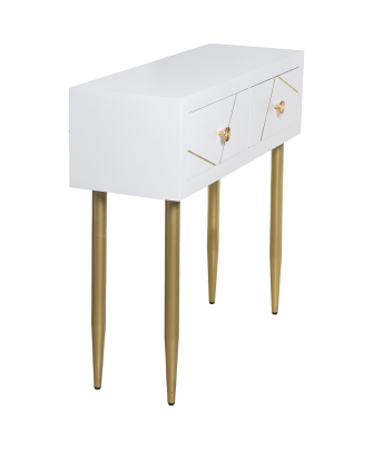 Mesa Entrada Madera 2 Cajones Blanco, Patas Metal Oro 90x30x80cm Alt. Patas:55,5cm