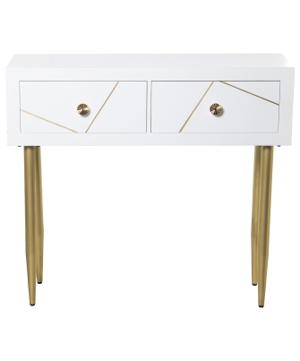 Mesa Entrada Madera 2 Cajones Blanco, Patas Metal Oro 90x30x80cm Alt. Patas:55,5cm