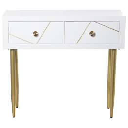 Mesa Entrada Madera 2 Cajones Blanco, Patas Metal Oro 90x30x80cm Alt. Patas:55,5cm