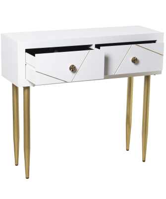 Mesa Entrada Madera 2 Cajones Blanco, Patas Metal Oro 90x30x80cm Alt. Patas:55,5cm