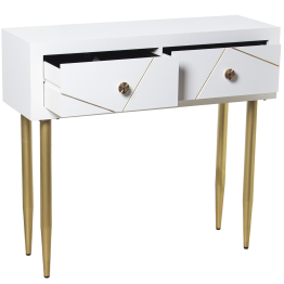 Mesa Entrada Madera 2 Cajones Blanco, Patas Metal Oro 90x30x80cm Alt. Patas:55,5cm