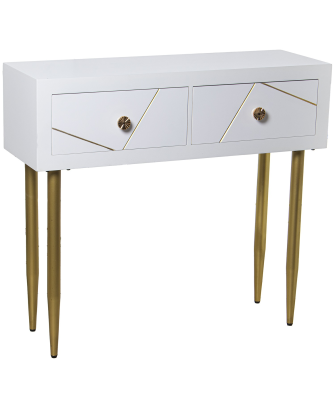 Mesa Entrada Madera 2 Cajones Blanco, Patas Metal Oro 90x30x80cm Alt. Patas:55,5cm