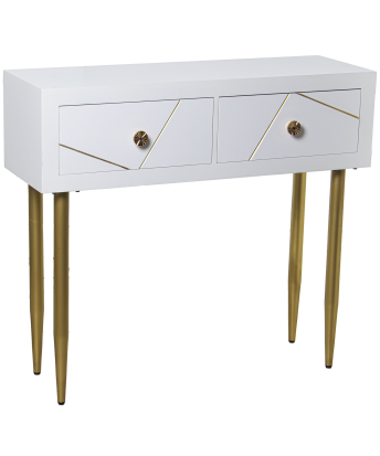 Mesa Entrada Madera 2 Cajones Blanco, Patas Metal Oro 90x30x80cm Alt. Patas:55,5cm