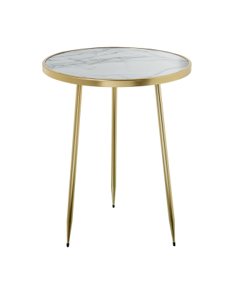 Mesa Auxiliar Madera Marmol Borde Dorado Patas Metal Dorado Ø40x50cm